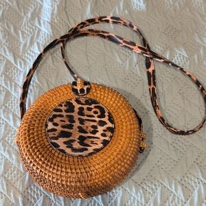 Leopard Print Rattan Crossbody Bag